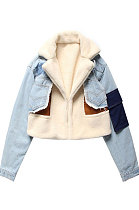 Blue High Quality Fashion Velvet Jeans Spliced Winter Zipper Coat LWJ10205-5