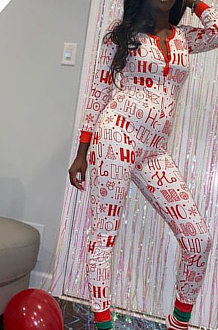 White Long Sleeve Printing Christmas Leisure Wear Bodycon Jumpsuits HANY207152-1