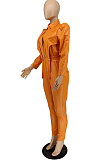 Orange New Fashion Leather Long Sleeve Lapel Neck Zipper Collect Waist Jumpsuits PU6802-2