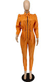 Orange New Fashion Leather Long Sleeve Lapel Neck Zipper Collect Waist Jumpsuits PU6802-2