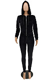 Black Casual Simple Velvet Long Sleeve Zipper Hoodie Skinny Pants Plain Suit PU6801-3