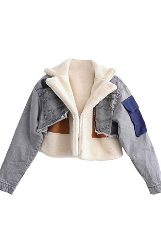 Grey High Quality Fashion Velvet Jeans Spliced Winter Zipper Coat LWJ10205-2
