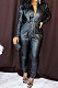 Black New Fashion Leather Long Sleeve Lapel Neck Zipper Collect Waist Jumpsuits PU6802-1