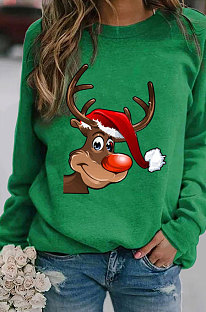 Green Casual New Christmas Printed Long Sleeve Round Neck Hoodie SDE20135-1