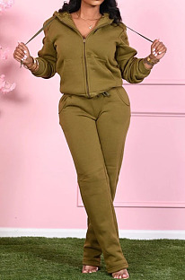 Army Green Fashion Women Long Sleeve Zipper Thicken Hoodie Trousers Plain Suit SMD2048-5