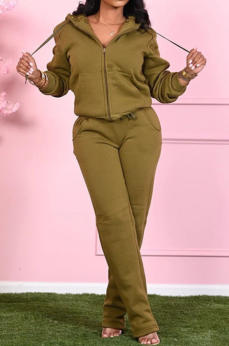 Army Green Fashion Women Long Sleeve Zipper Thicken Hoodie Trousers Plain Suit SMD2048-5