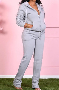Grey Fashion Women Long Sleeve Zipper Thicken Hoodie Trousers Plain Suit SMD2048-1