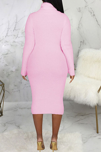 Pink Simple New High Quality Long Sleeve O Neck Slim Fitting Sweater Dress SMR5389-1