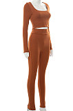 Coffee Euramerican Women's Autumn Pure Color Long Sleeve High Waist Tight Pants Sets MXXB572-5