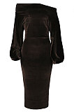 Black Luxe Elegant Velvet Oblique Shoulder Collect Waist Wrap Dress SMR5309-4