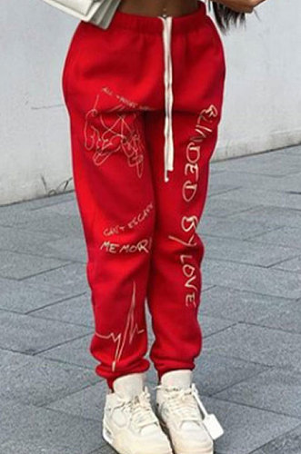 Red Euramerican Fashion Casual Letters Printing High Waist Long Pants SMJR01