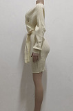 White New Knitting Women's Long Sleeve V Neck Bandage Hip Dress SMR5388-1