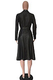 Fashion Luxe Long Sleeve V Neck With Waistband Faux Leather Coat SMD2040