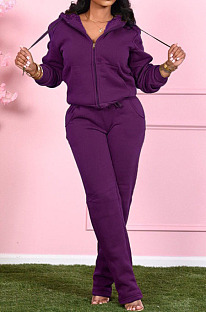 Purple Fashion Women Long Sleeve Zipper Thicken Hoodie Trousers Plain Suit SMD2048-2