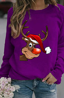 Purple Casual New Christmas Printed Long Sleeve Round Neck Hoodie SDE20135-5
