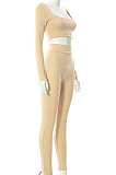 Coffee Euramerican Women's Autumn Pure Color Long Sleeve High Waist Tight Pants Sets MXXB572-5