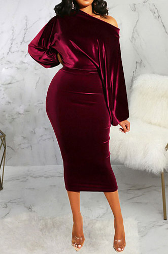 Wine Red Luxe Elegant Velvet Oblique Shoulder Collect Waist Wrap Dress SMR5309-1