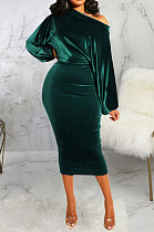 Green Luxe Elegant Velvet Oblique Shoulder Collect Waist Wrap Dress SMR5309-3