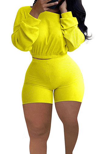 Yellow Euramerican Women's Trendy Ribber Pure Color Long Sleeve Plus Shorts Sets DG8005-1