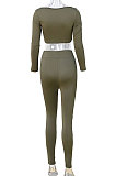 Olive Green Women Fashion Solid Color Long Sleeve Square Neck High Waist Long Pants Sets WMDZ834-4