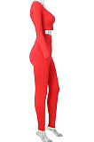 Red Women Fashion Solid Color Long Sleeve Square Neck High Waist Long Pants Sets WMDZ834-2