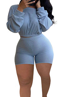 Blue Gray Euramerican Women's Trendy Ribber Pure Color Long Sleeve Plus Shorts Sets DG8005-9