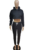 Yellow Autumn Winter Hoodie Solid Color Thick Dew Waist Casual Pants Sets XA8037-2
