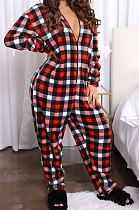 Red Black Plaid Thick Flannel Christmas Zipper Hoodie At Home Bodycon Jumpsuits HYDL2617-10