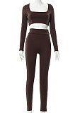 Brown Euramerican Women's Autumn Pure Color Long Sleeve High Waist Tight Pants Sets MXXB572-4