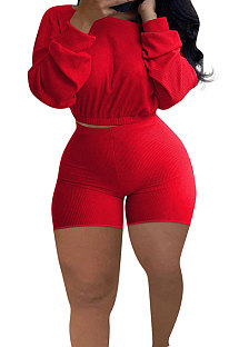 Red Euramerican Women's Trendy Ribber Pure Color Long Sleeve Plus Shorts Sets DG8005-5