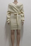 White New Knitting Women's Long Sleeve V Neck Bandage Hip Dress SMR5388-1