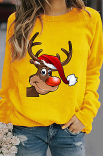 Yellow Casual New Christmas Printed Long Sleeve Round Neck Hoodie SDE20135-2