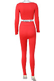 Red Women Fashion Solid Color Long Sleeve Square Neck High Waist Long Pants Sets WMDZ834-2