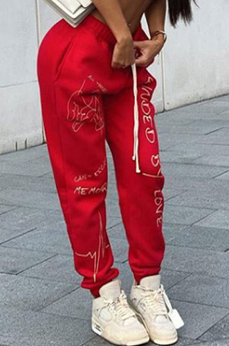 Red Euramerican Fashion Casual Letters Printing High Waist Long Pants SMJR01