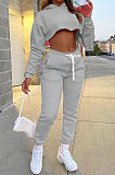 Black Autumn Winter Hoodie Solid Color Thick Dew Waist Casual Pants Sets XA8037-5