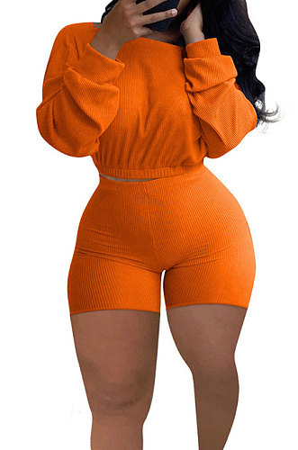 Orange Euramerican Women's Trendy Ribber Pure Color Long Sleeve Plus Shorts Sets DG8005-4