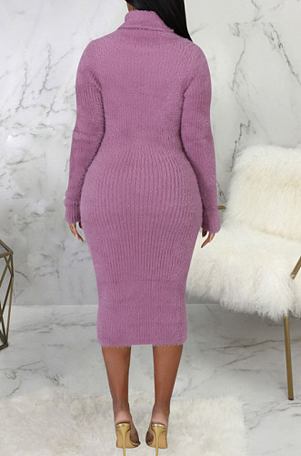 Purple Simple New High Quality Long Sleeve O Neck Slim Fitting Sweater Dress SMR5389-5