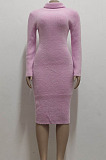 Purple Simple New High Quality Long Sleeve O Neck Slim Fitting Sweater Dress SMR5389-5