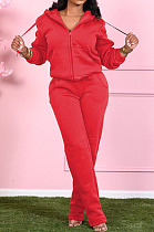 Red Fashion Women Long Sleeve Zipper Thicken Hoodie Trousers Plain Suit SMD2048-4