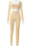 White Euramerican Women's Autumn Pure Color Long Sleeve High Waist Tight Pants Sets MXXB572-2