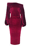 Black Luxe Elegant Velvet Oblique Shoulder Collect Waist Wrap Dress SMR5309-4