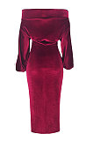 Wine Red Luxe Elegant Velvet Oblique Shoulder Collect Waist Wrap Dress SMR5309-1