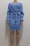 Blue New Knitting Women's Long Sleeve V Neck Bandage Hip Dress SMR5388-2