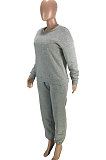 Grey Simple New Long Sleeve Round Neck Hoodie Jogger Pants Plain Suit SM9220-2
