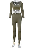Olive Green Women Fashion Solid Color Long Sleeve Square Neck High Waist Long Pants Sets WMDZ834-4