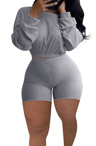 Gray Euramerican Women's Trendy Ribber Pure Color Long Sleeve Plus Shorts Sets DG8005-6