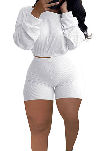 White Euramerican Women's Trendy Ribber Pure Color Long Sleeve Plus Shorts Sets DG8005-2
