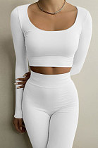 White Euramerican Women's Autumn Pure Color Long Sleeve High Waist Tight Pants Sets MXXB572-2