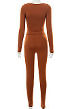 Brown Euramerican Women's Autumn Pure Color Long Sleeve High Waist Tight Pants Sets MXXB572-4
