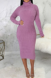 Pink Simple New High Quality Long Sleeve O Neck Slim Fitting Sweater Dress SMR5389-1